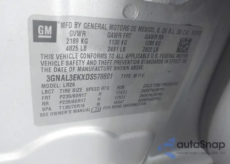 2013 Chevrolet Captiva Sport Lt z USA, uszkodzony, nr VIN 3GNAL3EKXDS578801